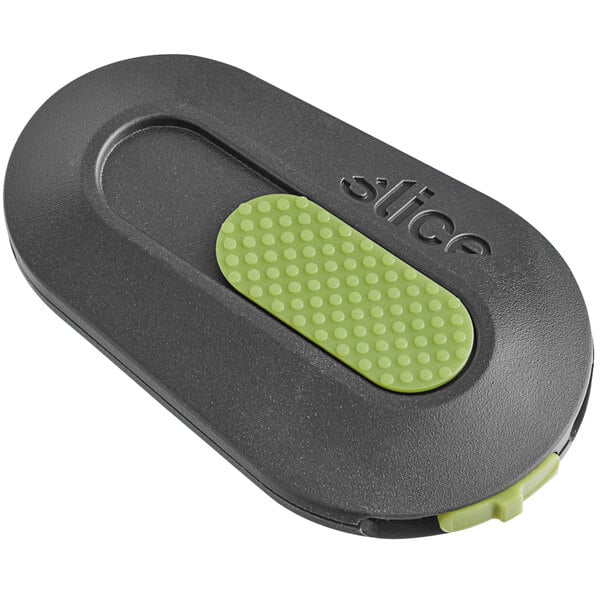 A black and green Slice Auto-Retractable Mini Cutter with a green button.