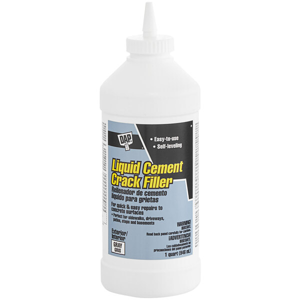 A white bottle of DAP Gray Ready-Mixed Liquid Cement Crack Filler with a black label and cap.