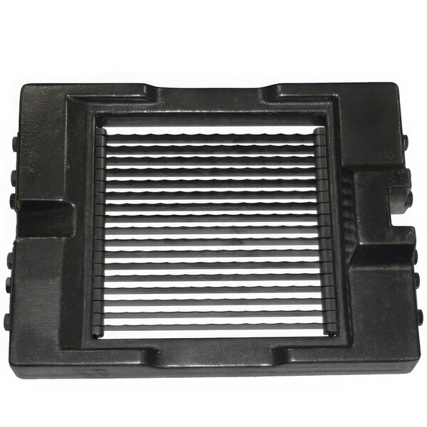 A black plastic square with many vertical lines and a square hole in the middle.