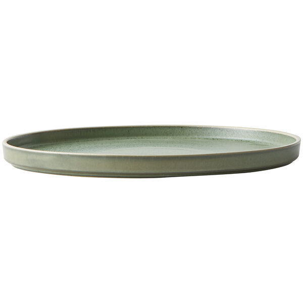 A close up of a Oneida Moira smoky basil stoneware plate with a green rim.