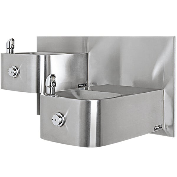 A Haws dual stainless steel drinking fountain with rounded corners and push buttons.