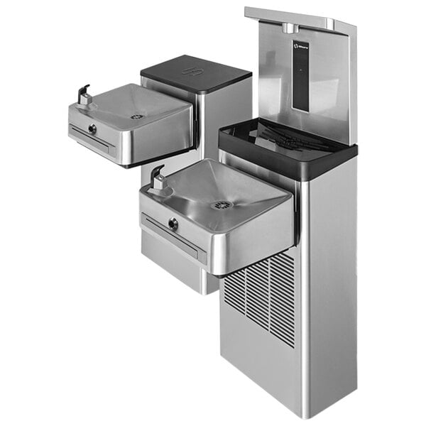 A silver rectangular Haws touchless water cooler and bottle filler with two water fountains.