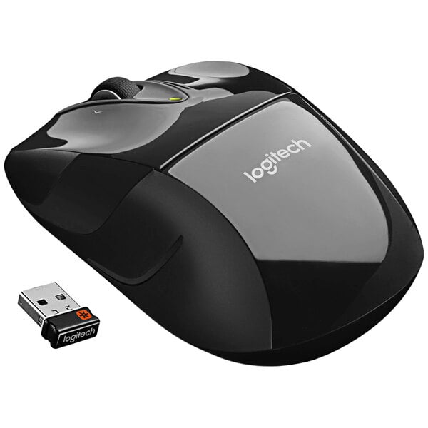 A black Logitech M525 wireless mouse with a USB stick.