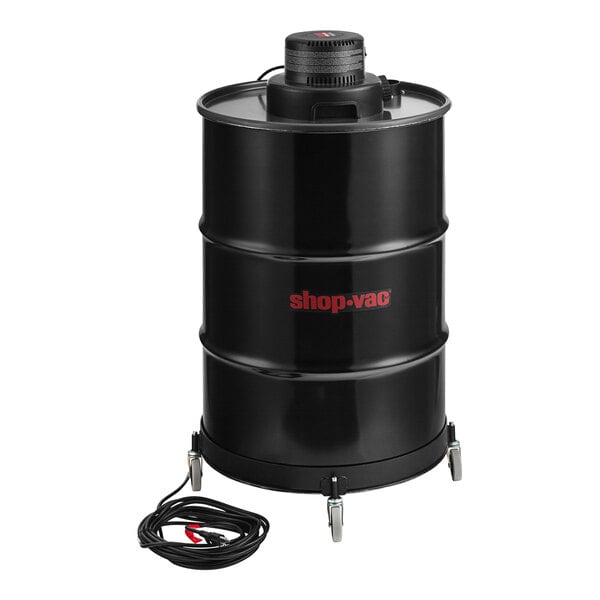A black Shop-Vac drum with a red handle.