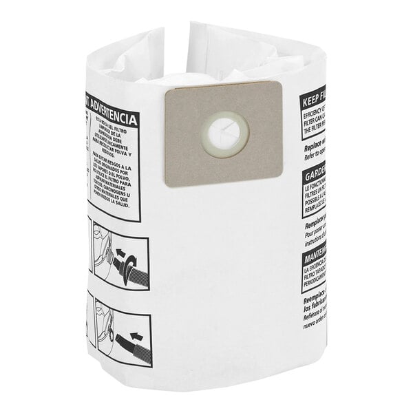 A rolled white paper collection bag with printed instructions and a circular cardboard and plastic attachment point.