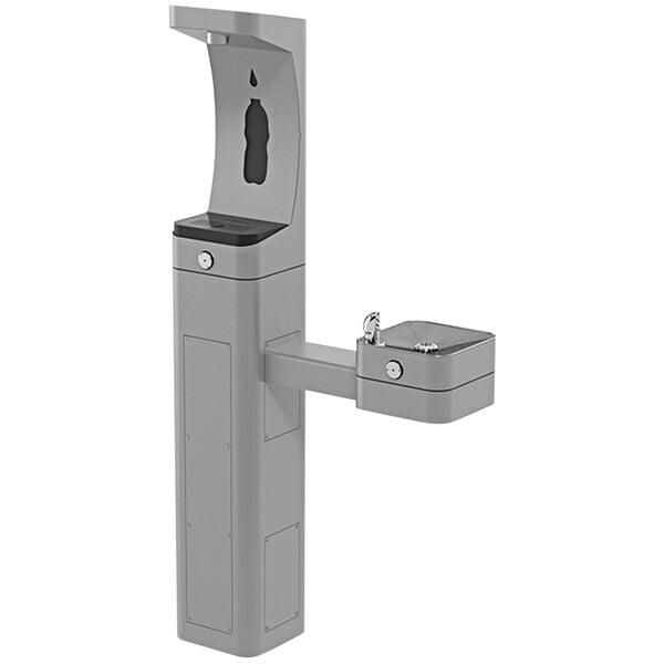 A gray Haws water fountain with a water dispenser.