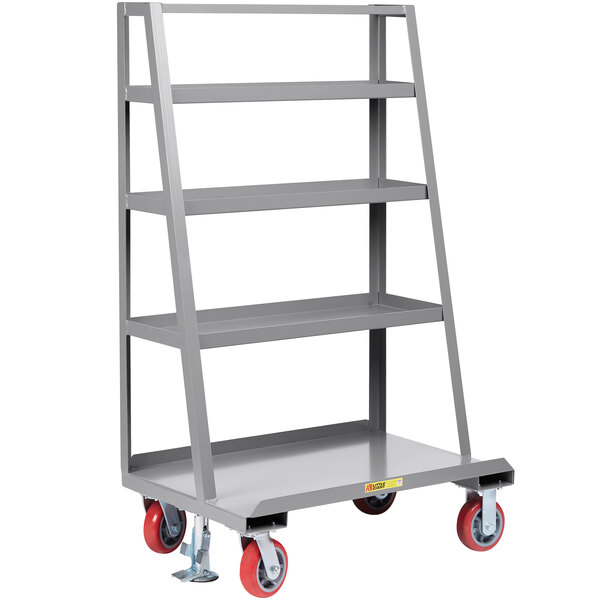 A grey metal Little Giant A-Frame panel cart with four shelves on red wheels.