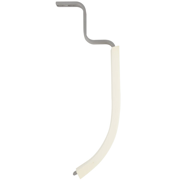 A white rectangular metal bowl scraper with a white plastic handle and metal hook.
