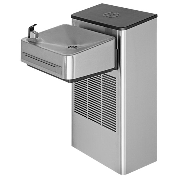 A stainless steel Haws water cooler with a black lid and water dispenser.