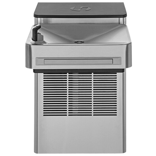 A stainless steel Haws wall mount water fountain with a black lid.