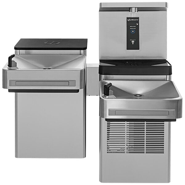 A Haws stainless steel dual water cooler and bottle filler on a counter.