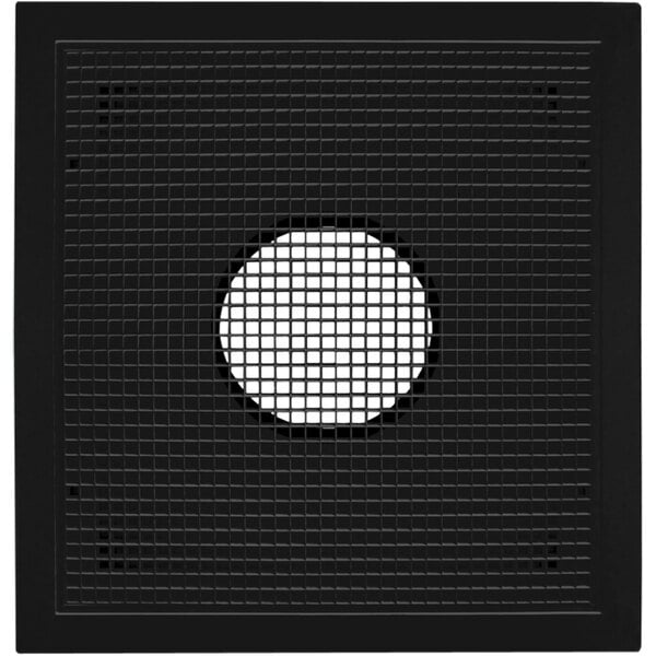 A black square metal grid with a white circle in the center.