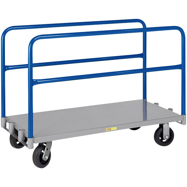 A Little Giant blue steel panel truck with blue handles and 6 rubber wheels.