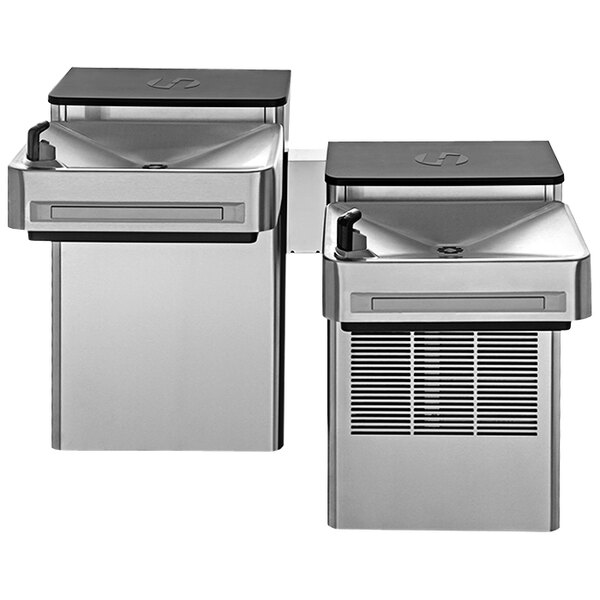 A Haws stainless steel dual wall mount water fountain with a cooler and faucet.