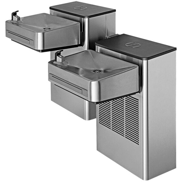 A close-up of two Haws stainless steel wall-mounted water coolers.