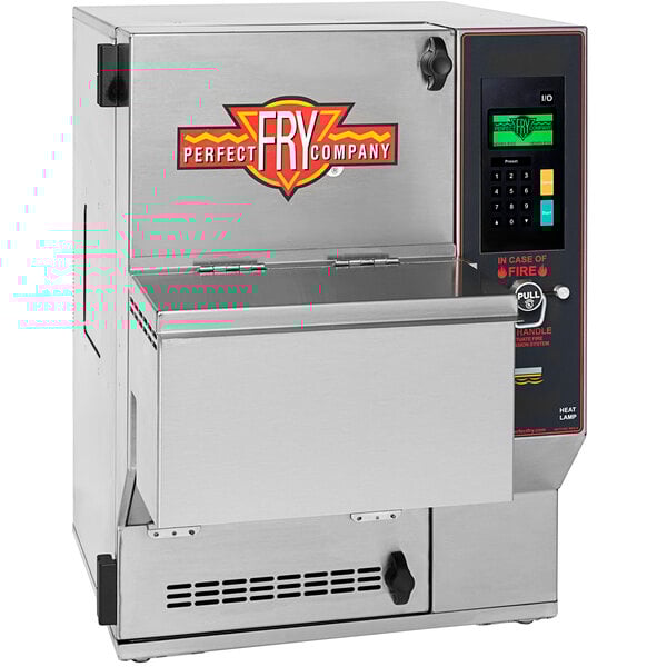 A Perfect Fry ventless countertop deep fryer with a digital display and button.