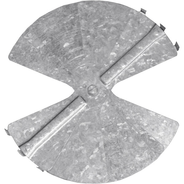 A 8" round galvanized steel radial damper from American Louver Company with two holes in it.