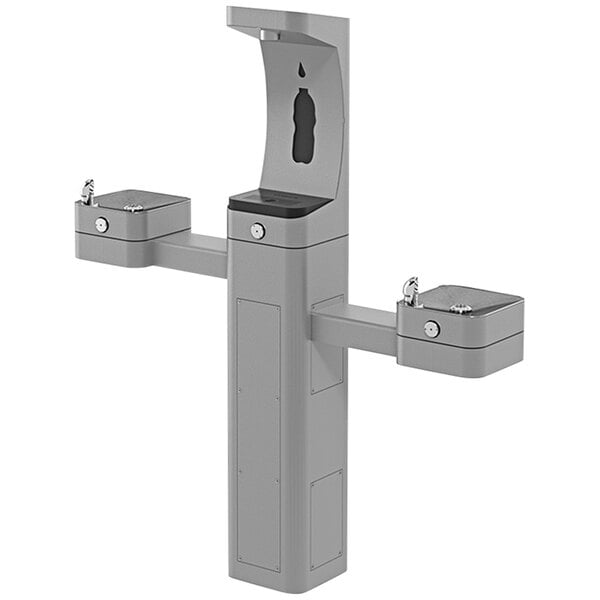 A gray Haws stainless steel outdoor bottle filler and two water fountains.