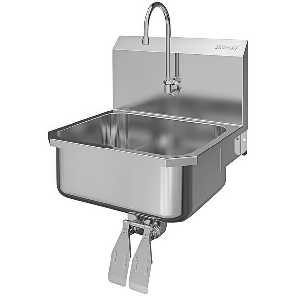 A Sani-Lav stainless steel wall mounted sink with 1 double knee-operated faucet.