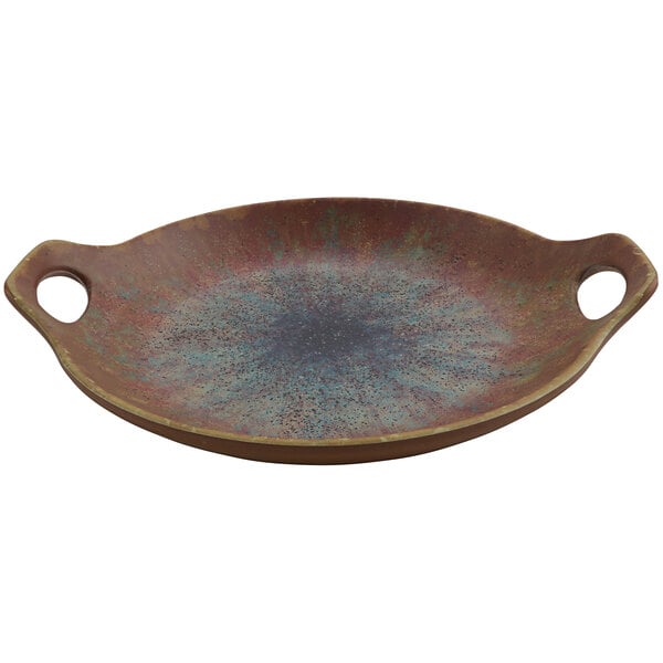 A close-up of a brown and blue cheforward melamine wok plate.