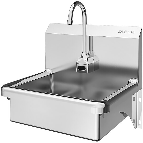 A Sani-Lav stainless steel wall mounted hands-free sink with a faucet.