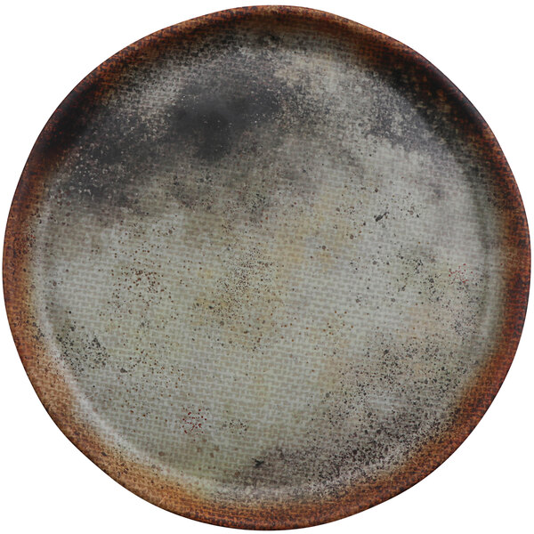 A brown and gray cheforward melamine plate with a woven design.