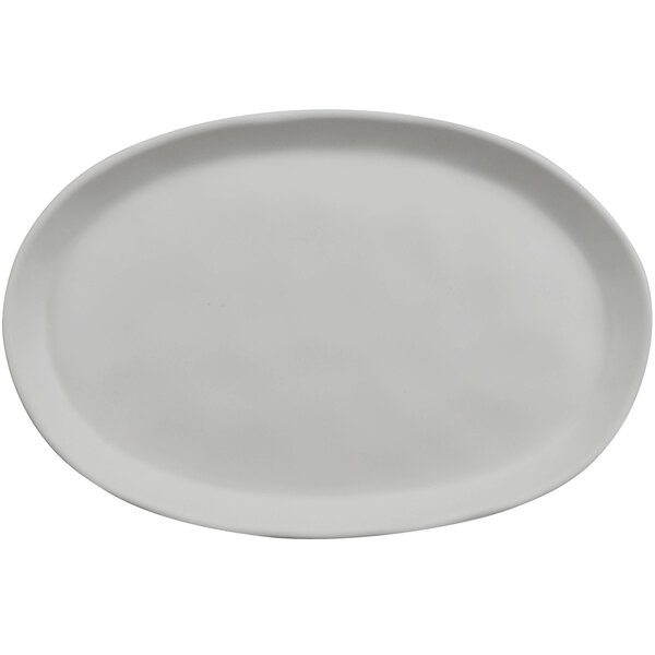 A white cheforward oval melamine plate with a small rim.