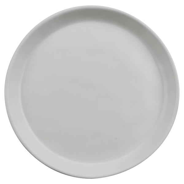 A white cheforward melamine plate with a small rim.