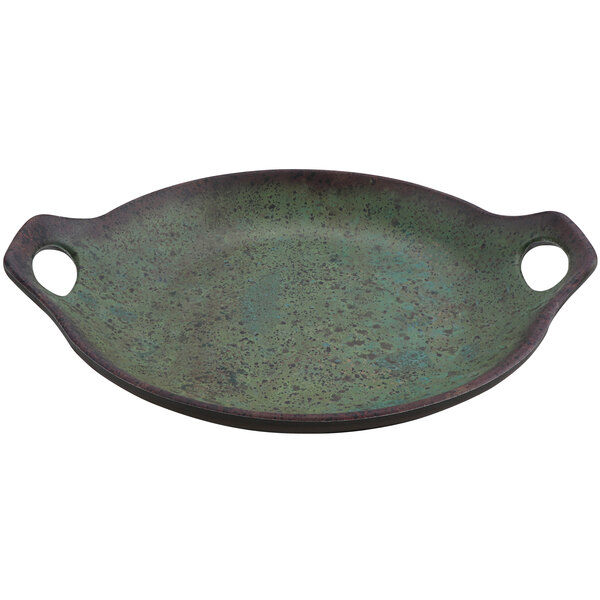 A close-up of a green cheforward by GET Melamine Wok / Plate with handles.