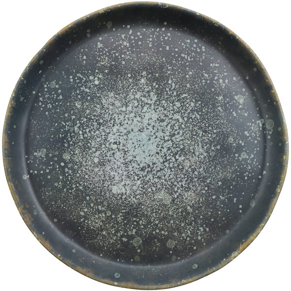 A black and grey cheforward melamine plate with a speckled surface.