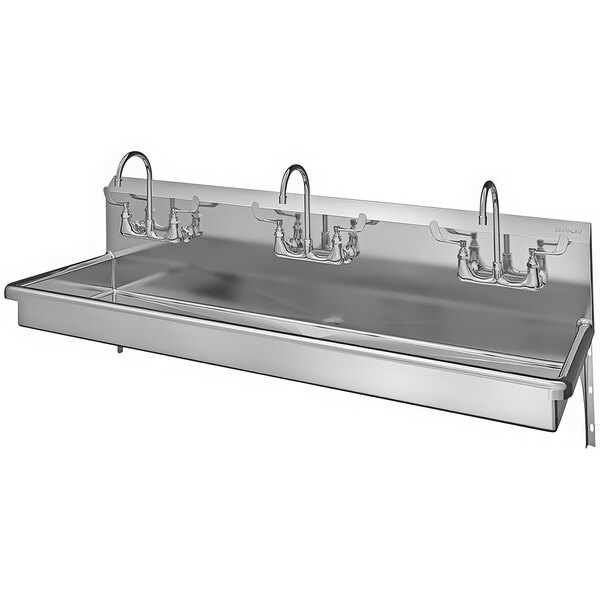 A Sani-Lav stainless steel multi-station hand sink with 3 wall mounted faucets.