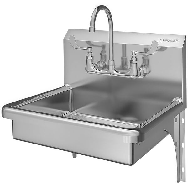 A stainless steel Sani-Lav hand sink with a wall mounted faucet.