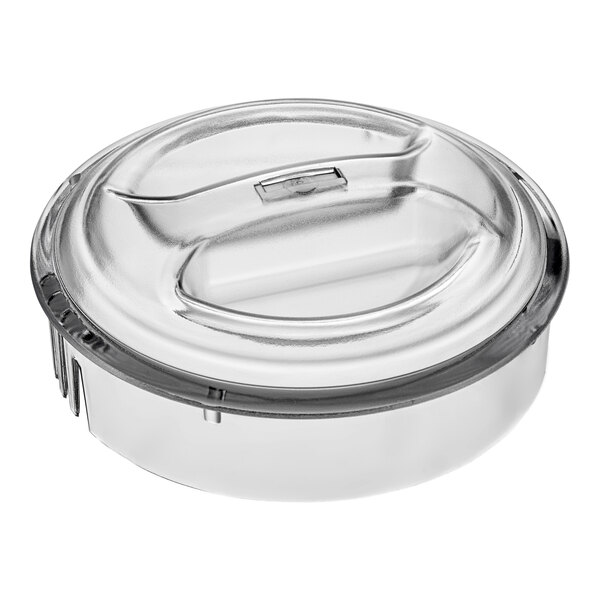 A clear plastic lid on a clear plastic pitcher.