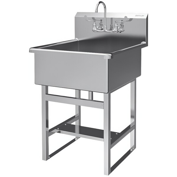 A large stainless steel Sani-Lav hand sink with a swivel gooseneck faucet.
