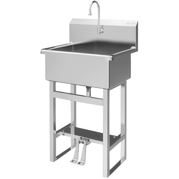 A large stainless steel Sani-Lav scrub sink on a metal stand.