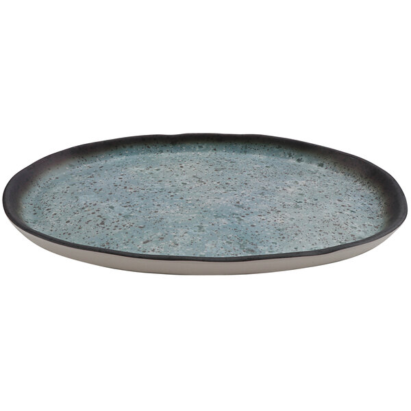 A close up of a cheforward robin's egg blue melamine plate with a black rim.