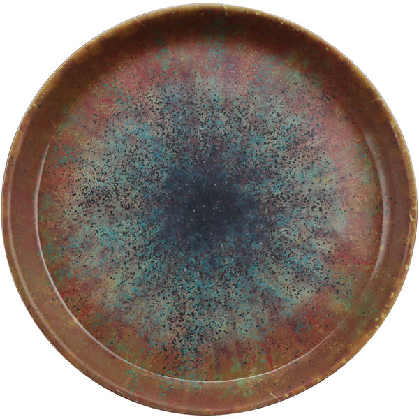 A close up of a cheforward clay melamine plate with a blue and black speckled design.