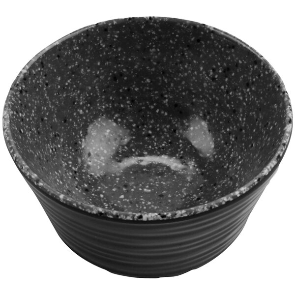 A black melamine ramekin with a speckled design.