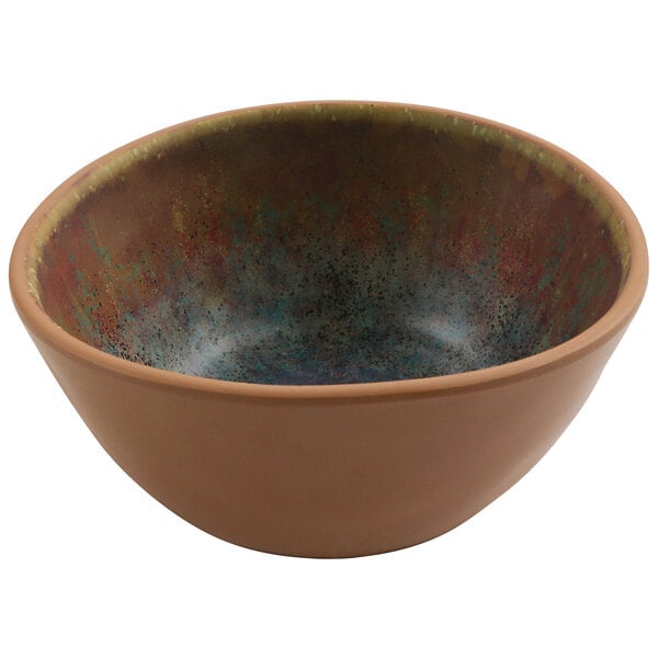 A brown cheforward melamine bowl with a multicolored speckled rim.