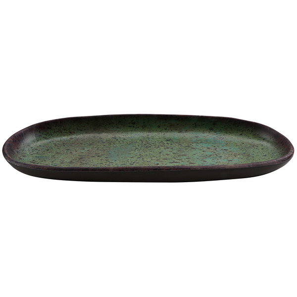 A green cheforward by GET spruce melamine platter with a brown oval center and black border.