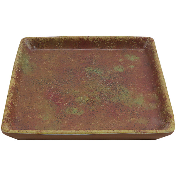 A cheforward square azul iris melamine plate with a speckled surface.