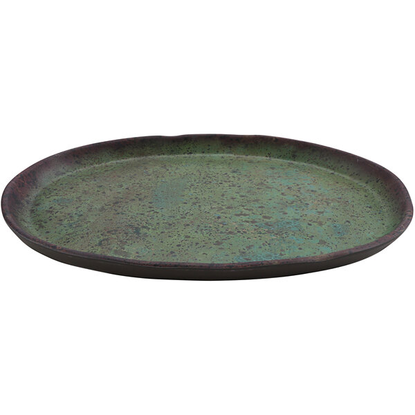 A green oval Cheforward melamine plate with a brown rim.