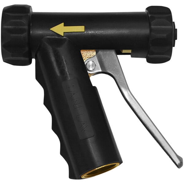 A black and silver Sani-Lav spray nozzle with a stainless steel handle.