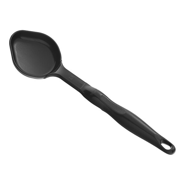 A black plastic Vollrath Spoodle with a long handle.