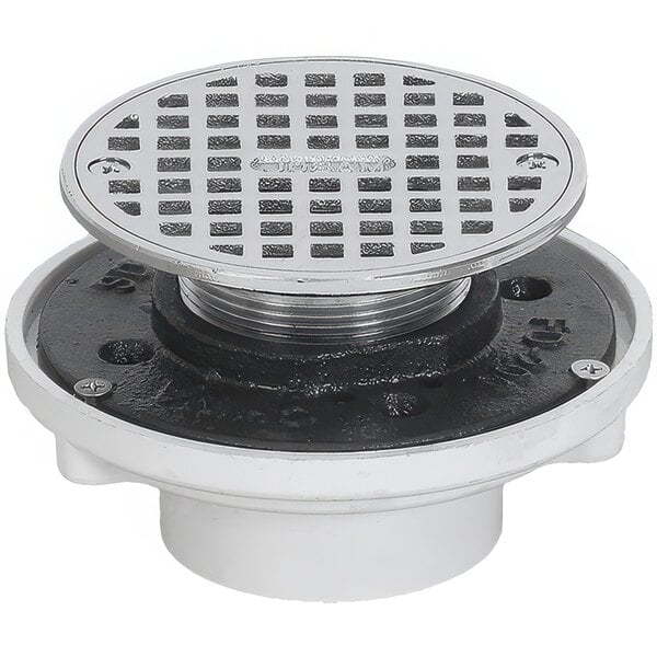 A Josam chrome-plated brass floor drain with a white and black strainer cover.