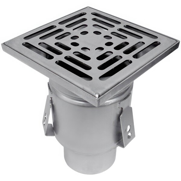 A Josam stainless steel floor drain with a square grate and outlet.