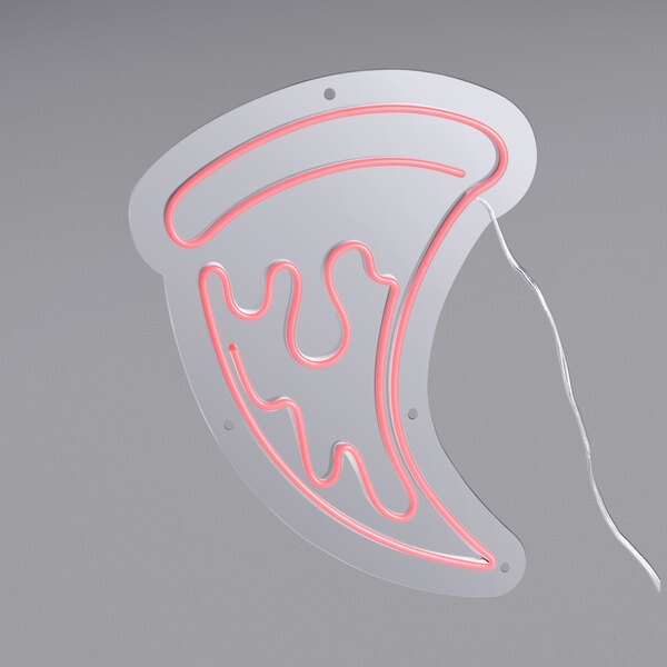 A white canvas with a neon red pizza slice on it.