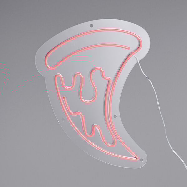 A white neon sign with red lines in the shape of a pizza slice.