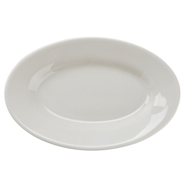 An ivory wide rim oval china platter on a white background.