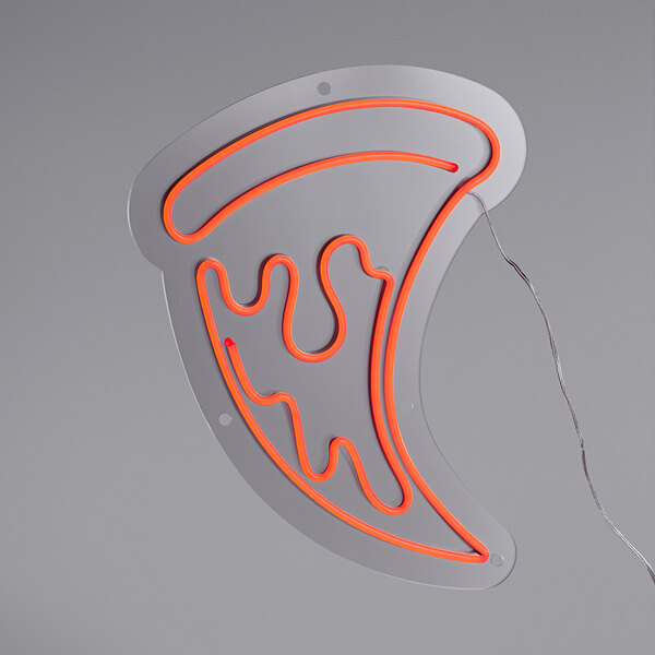 A neon sign with a red pizza slice on it.
